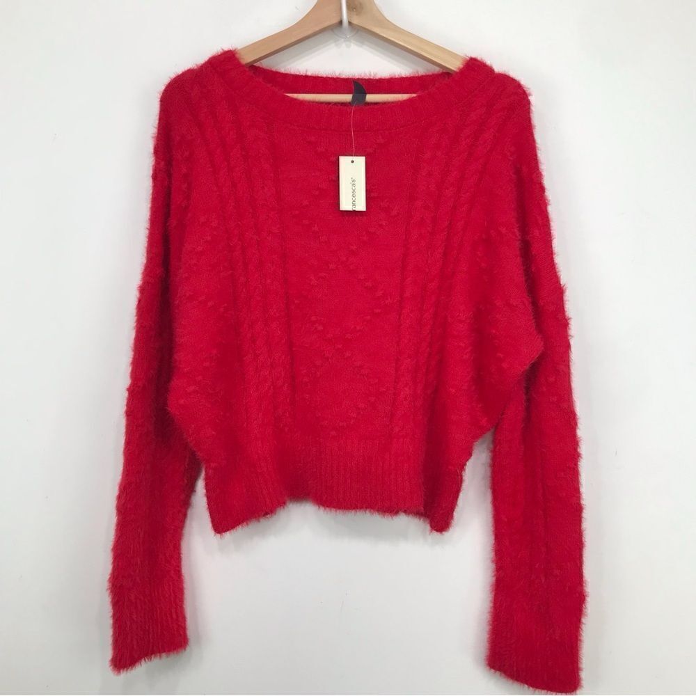 ALYA Francesca’s Red Fuzzy Diamond Pattern Knit Crewneck Sweater NEW